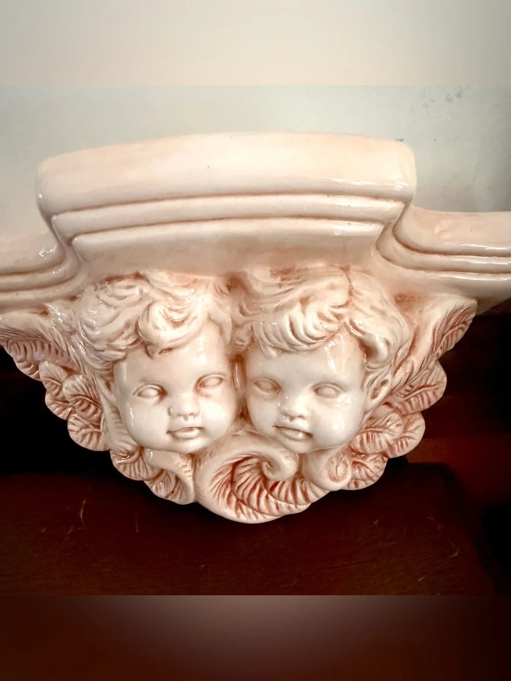 Vintage Cherub Angel Wall Shelf Sconce Ceramic Peach Pink Cottagecore 10.5x5”